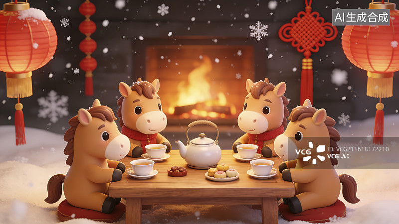 【AI数字艺术】四匹小马围炉品茗迎新春图片素材