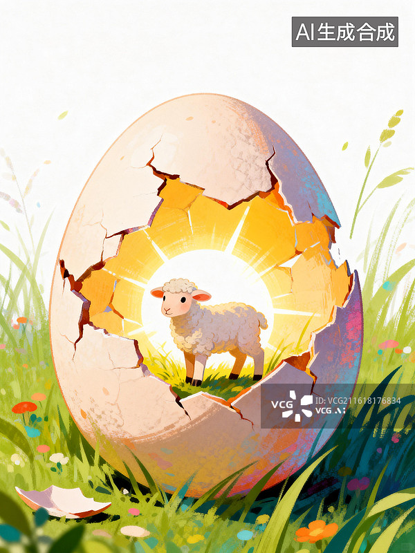 【AI数字艺术】金芒护羊！小羊在彩蛋中沐浴圣光，复活节的祝福从蛋壳溢出图片素材