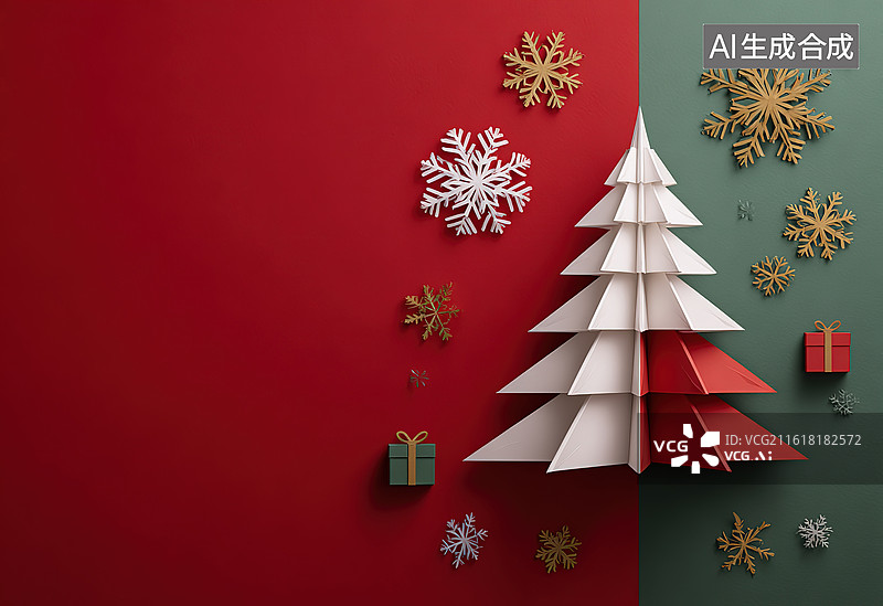 【AI数字艺术】纸艺圣诞树与雪花装饰图片素材