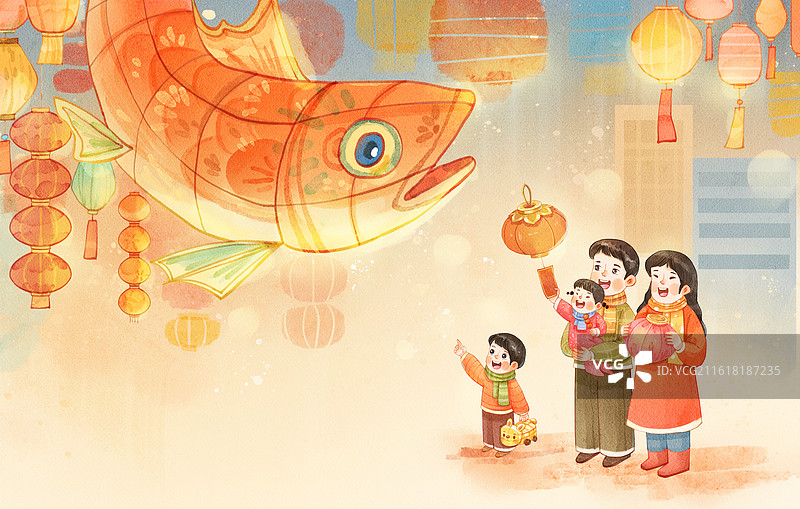 手绘水彩正月十五一家人元宵节赏花灯横图插画图片素材