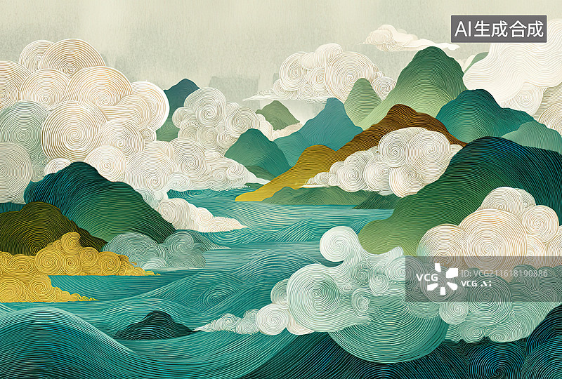 【AI数字艺术】山水云雾画卷图片素材