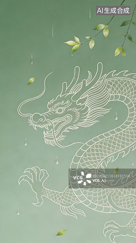 【AI数字艺术】白线龙纹绿叶雨景图片素材