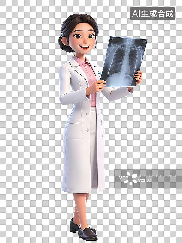 【AI数字艺术】一位年轻的女性医生，面带微笑，手持X光片，穿着白色实验室外套和粉色衬衫，黑色鞋子，姿态自信图片素材