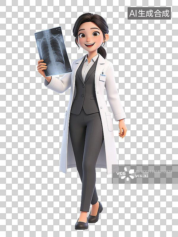 【AI数字艺术】年轻女性医生，面带微笑，手持X光片，身穿白色大褂和灰色西装，姿势自信，专业形象图片素材