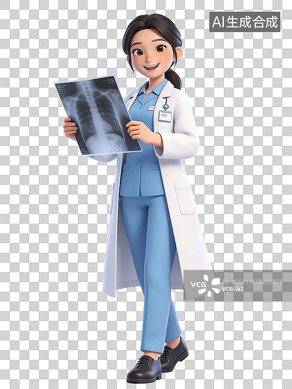 【AI数字艺术】年轻女医生，面带微笑，手持X光片，身穿蓝色制服白大褂，黑色皮鞋，姿态自信专业图片素材
