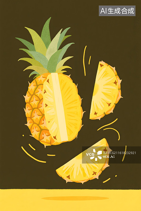 【AI数字艺术】菠萝和菠萝切片水彩插画，黄色菠萝图片素材