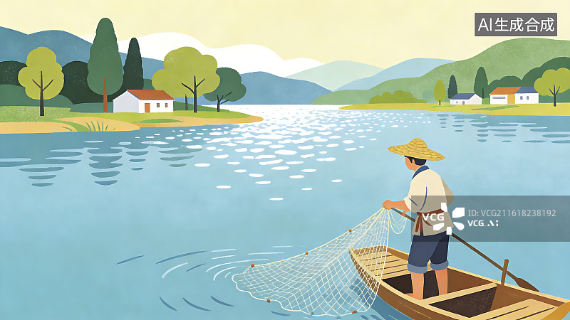 【AI数字艺术】湖畔渔夫撒网捕鱼图片素材