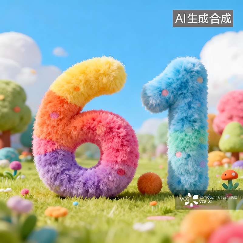 【AI数字艺术】多巴胺毛绒质感的六一儿童节数字图片素材