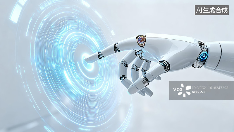 【AI数字艺术】未来AI人工智能机械手臂触摸光效科技交互场景图片素材