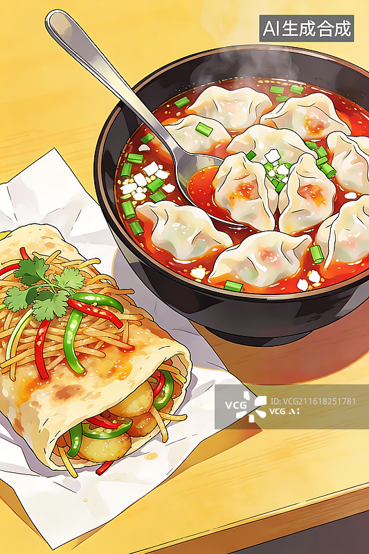 【AI数字艺术】热气腾腾的饺子汤配煎饼图片素材