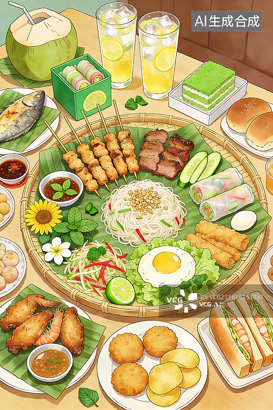 【AI数字艺术】丰盛越南风味餐桌美食图片素材