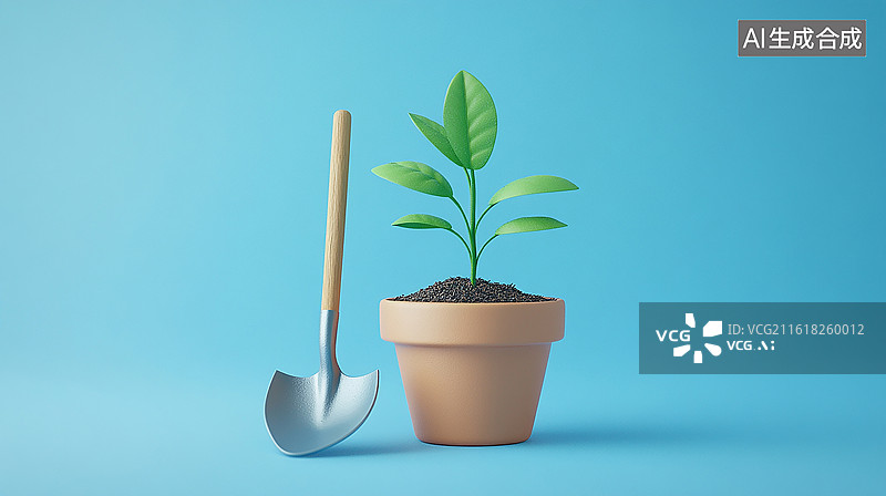 【AI数字艺术】幼苗与铲子，植树节图片素材