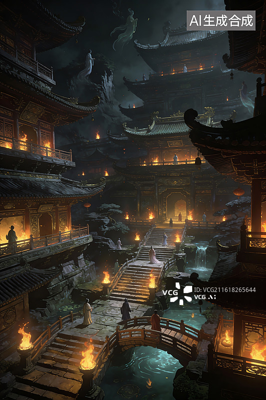 【AI数字艺术】古风夜景建筑群灯火辉煌图片素材