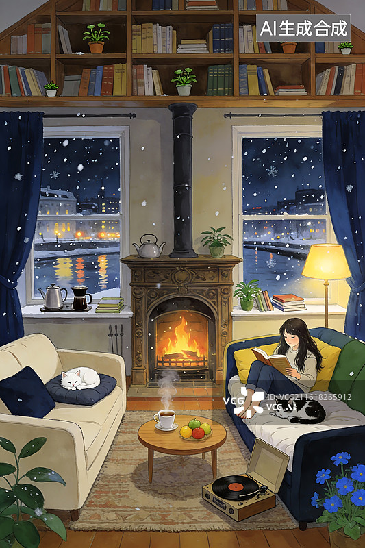 【AI数字艺术】冬夜暖炉书房阅读时光图片素材