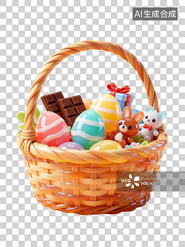 【AI数字艺术】复活节篮子里装满了彩蛋、巧克力、玩具  4月复活节3D半透明果冻风格元素图片素材