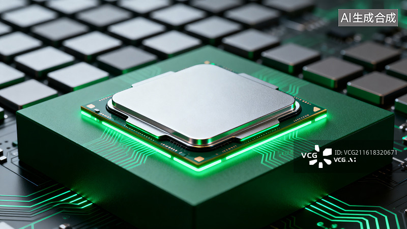 【AI数字艺术】绿色电路板上的中央处理器特写图片素材