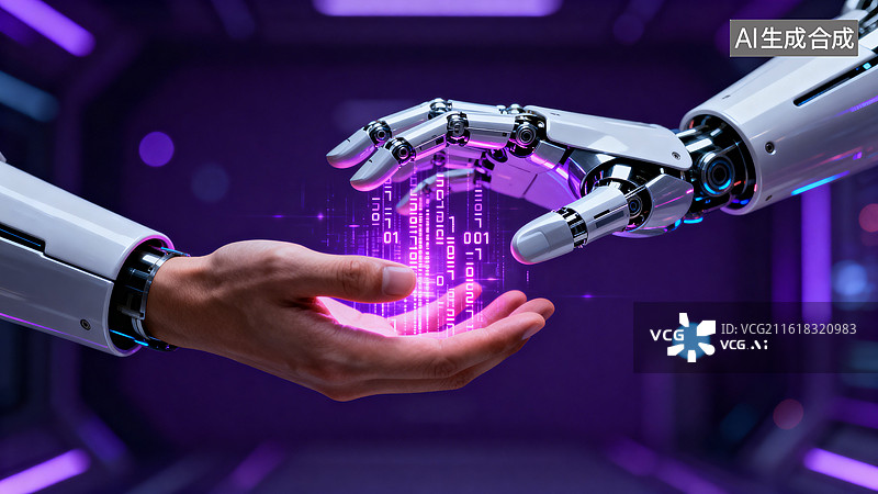 【AI数字艺术】人类手掌与机械手臂交互传递数据流图片素材