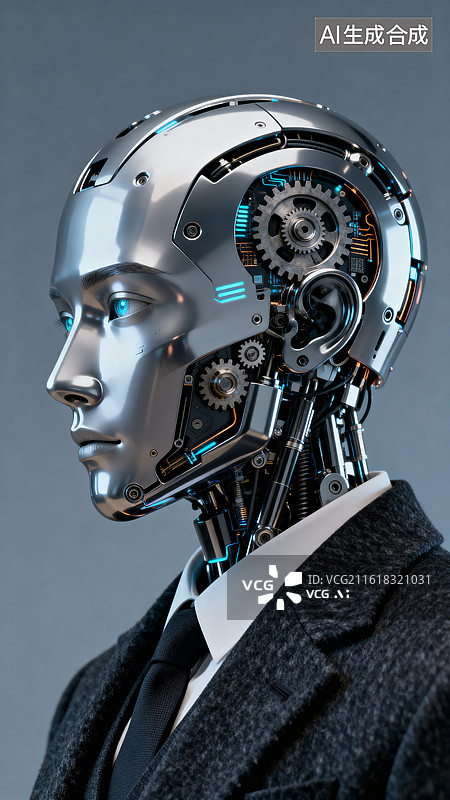【AI数字艺术】金属机器人头部侧面展示机械结构与蓝光细节图片素材