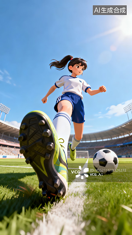 【AI数字艺术】女孩踢足球奔跑瞬间图片图片素材