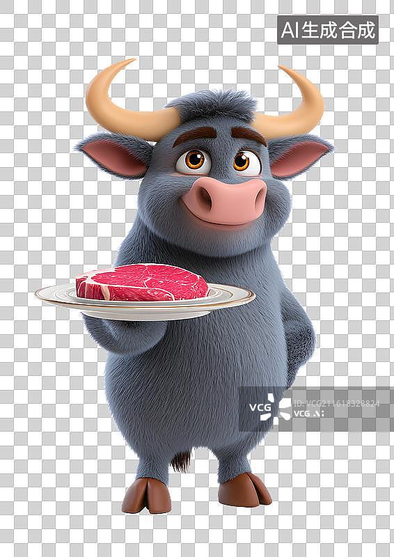 【AI数字艺术】一只卡通公牛端着一盘肉图片素材