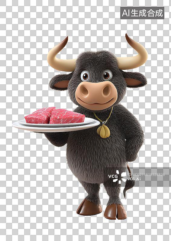 【AI数字艺术】一只卡通公牛端着一盘肉图片素材
