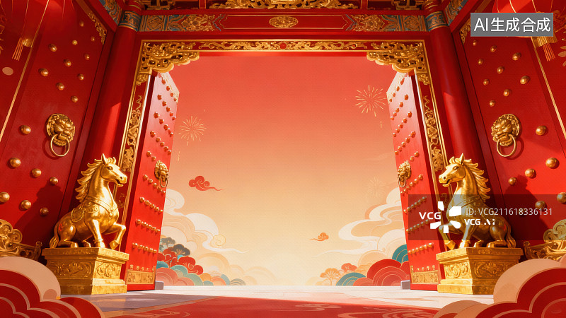 【AI数字艺术】红色宫殿大门与金马雕像图片素材
