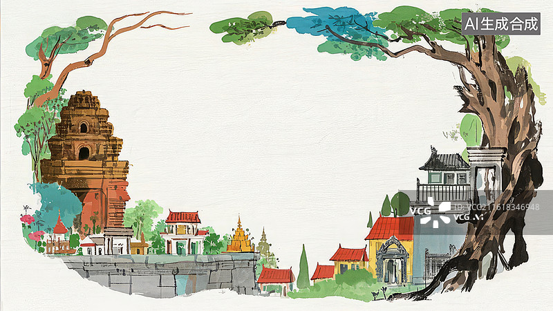 【AI数字艺术】古塔与传统建筑的风景画图片素材