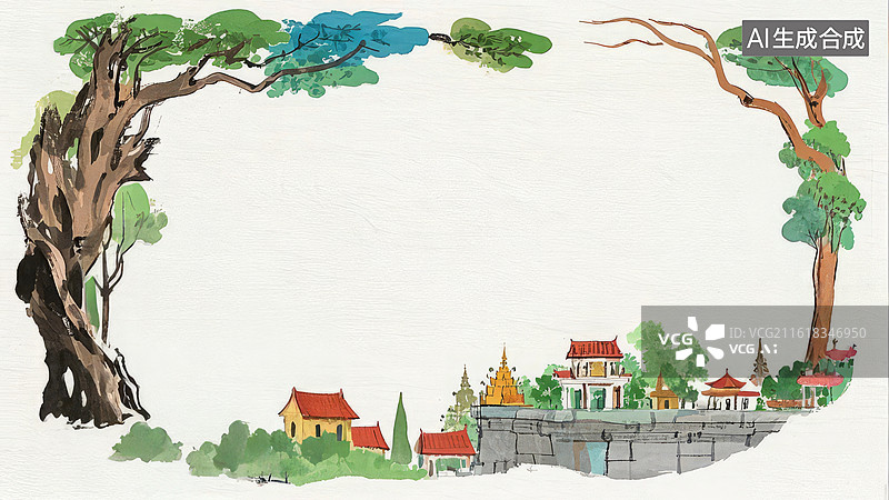 【AI数字艺术】古树环绕的庭院风景图片素材