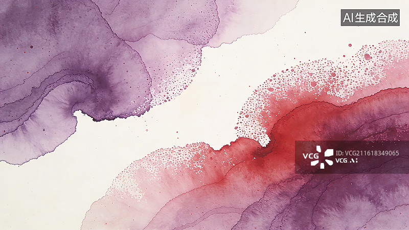 【AI数字艺术】水彩画中紫色和红色颜料在纸上自然扩散形成抽象图案，展现出柔和渐变和气泡纹理图片素材