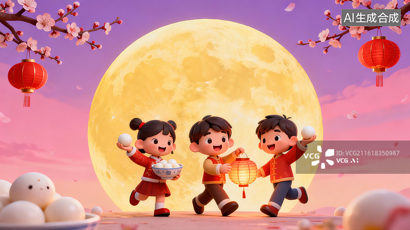 【AI数字艺术】3D元宵节拿着灯笼和汤圆的小朋友图片素材