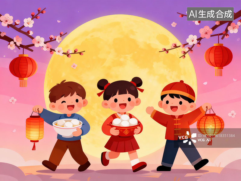 【AI数字艺术】元宵节拿着灯笼和汤圆的小朋友图片素材