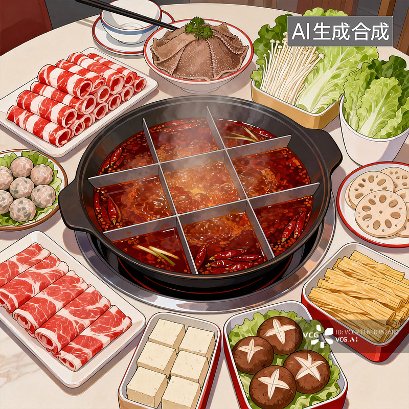 【AI数字艺术】一桌热气腾腾的重庆麻辣火锅盛宴图片素材