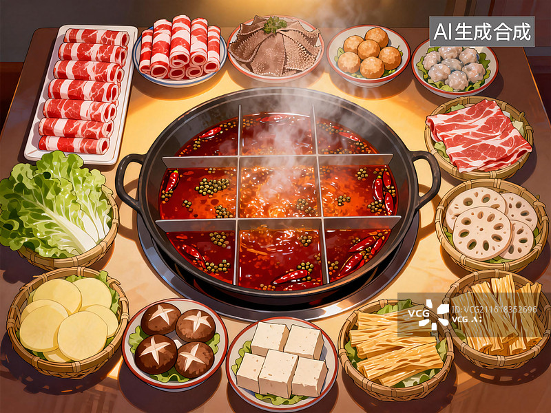 【AI数字艺术】一桌热气腾腾的重庆麻辣火锅盛宴图片素材