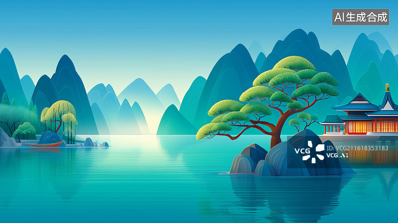 【AI数字艺术】山水楼阁夜景图图片素材