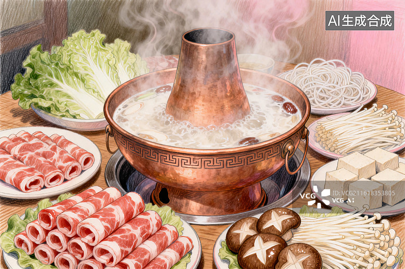 【AI数字艺术】铜锅涮肉冬日暖锅美食插画图片素材