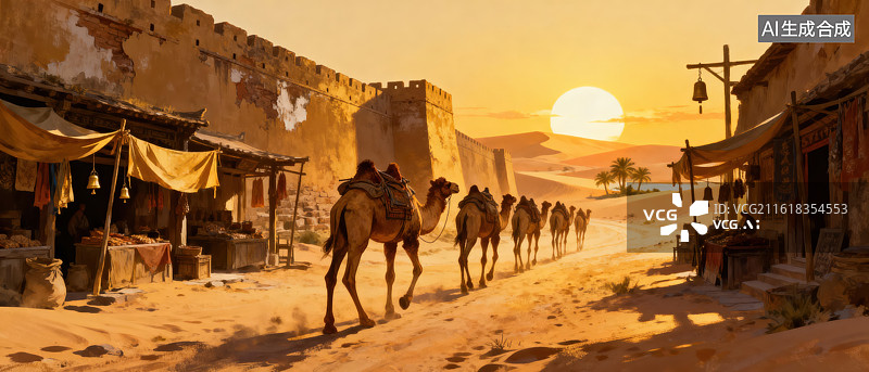 【AI数字艺术】落日沙漠骆驼丝绸之路插画背景图片素材