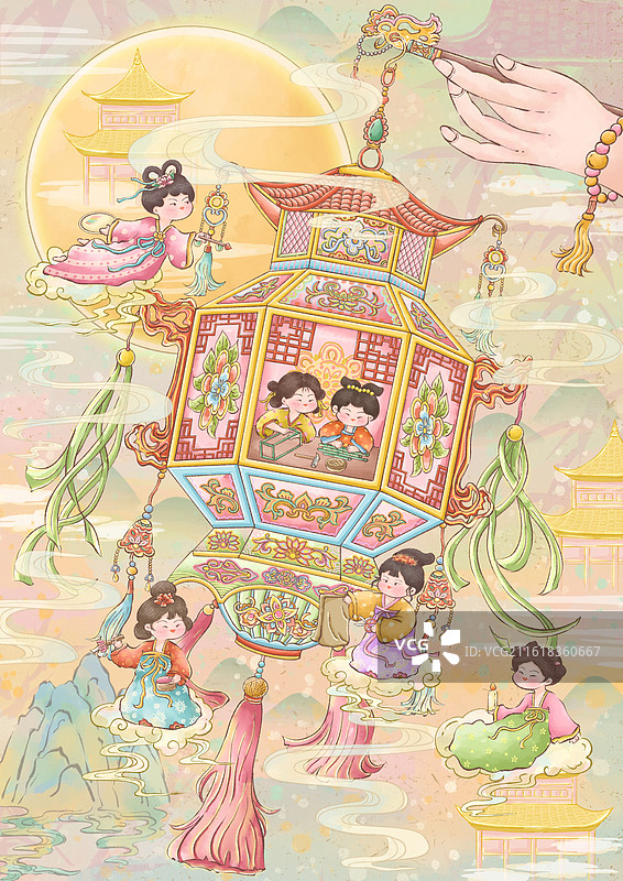 月满中天宫灯明，仙姝执巧弄针绫图片素材
