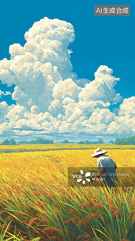 【AI数字艺术】农夫在金黄稻田中劳作图片素材