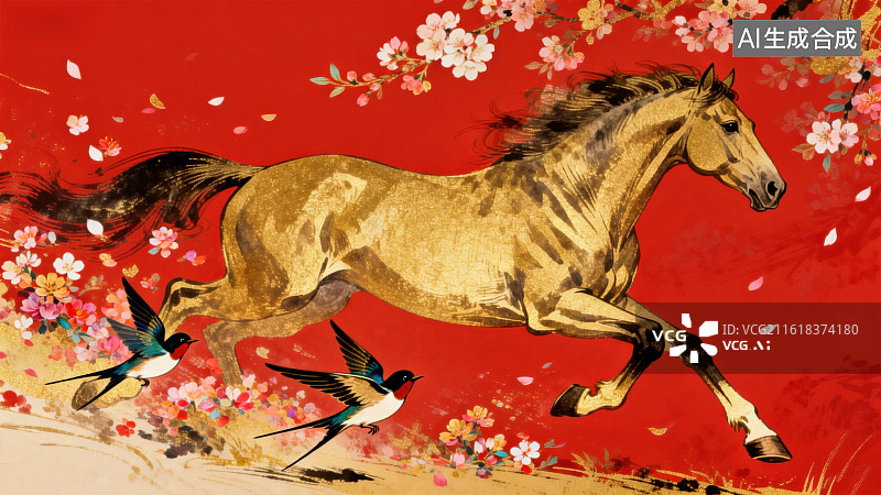 【AI数字艺术】骏马奔腾花鸟图图片素材