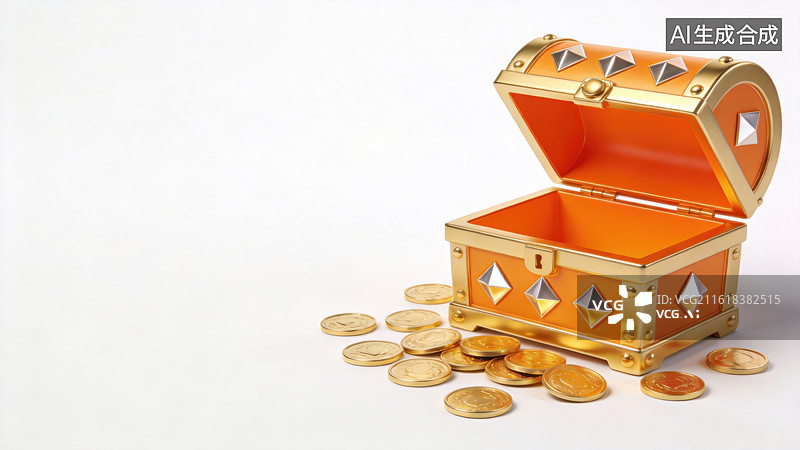 【AI数字艺术】金色宝箱与金币图片素材