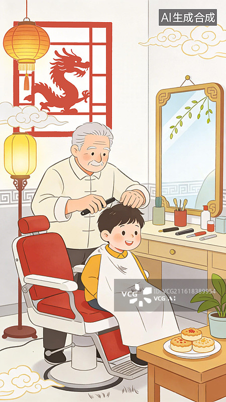【AI数字艺术】春分遇上龙抬头剪头发和龙抬头的梦幻场景图片素材