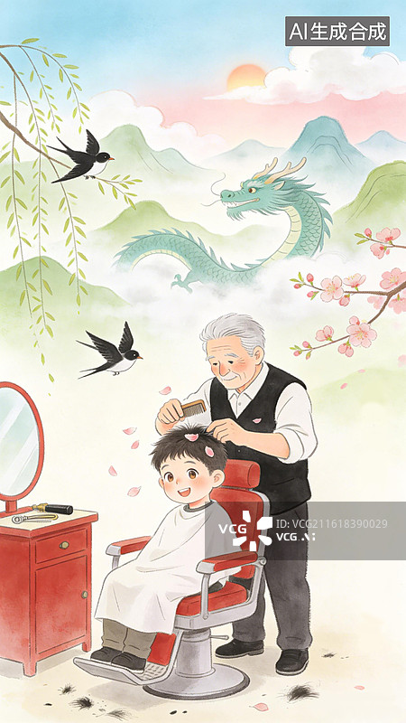 【AI数字艺术】春分遇上龙抬头剪头发和龙抬头的梦幻场景图片素材