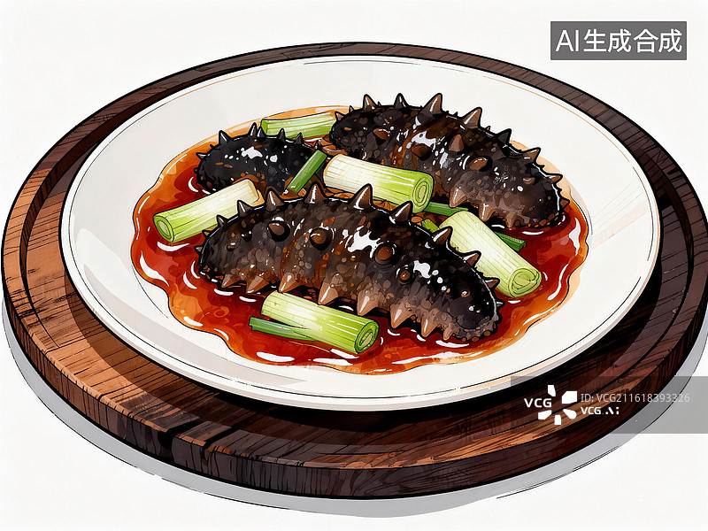 【AI数字艺术】手绘葱烧海参美食插画图片素材
