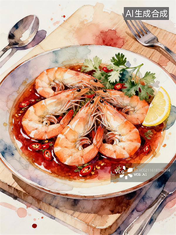 【AI数字艺术】手绘大虾美食插画图片素材