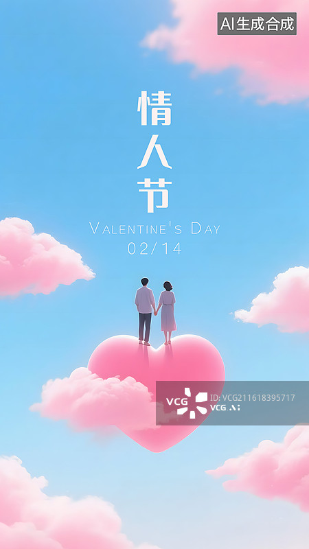 【AI数字艺术】AIGC：2月14 情人节海报，天空中的爱心，浪漫青年情侣牵手图片素材