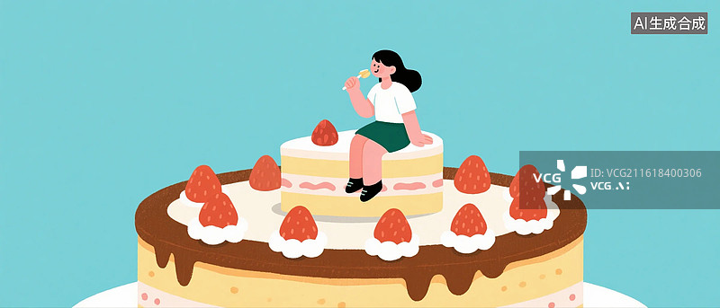 【AI数字艺术】一个微小的人女人坐在巨大的生日蛋糕上面吃蛋糕许愿图片素材