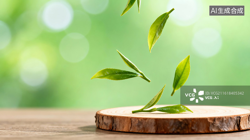 【AI数字艺术】3D渲染木桩上的茶叶插画背景图片素材