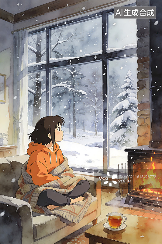 【AI数字艺术】冬日窗边少女静观雪景图片素材