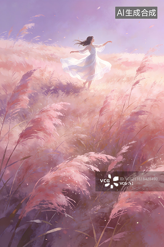 【AI数字艺术】少女在粉紫色芦苇田中起舞图片素材