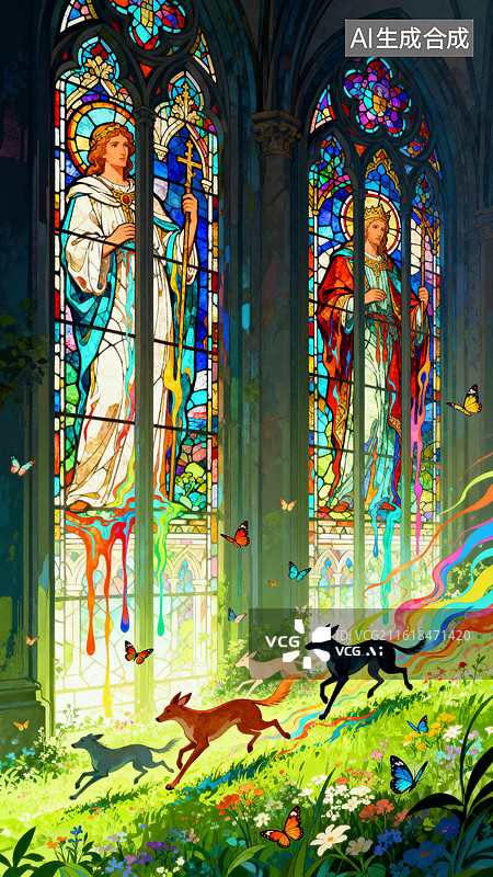 【AI数字艺术】两侧彩窗的圣像圣光流淌成草地图片素材